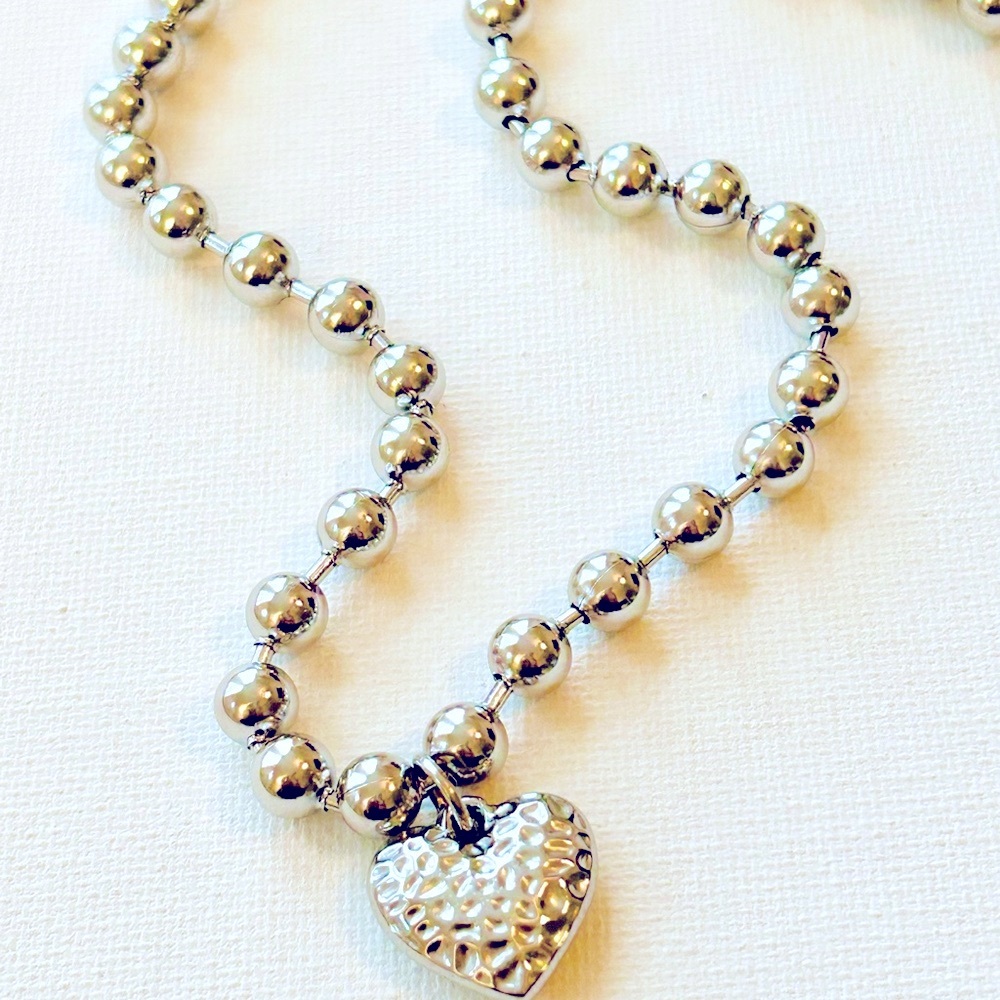 Puff heart necklace, puff heart stainless steel necklace, ball chain necklace